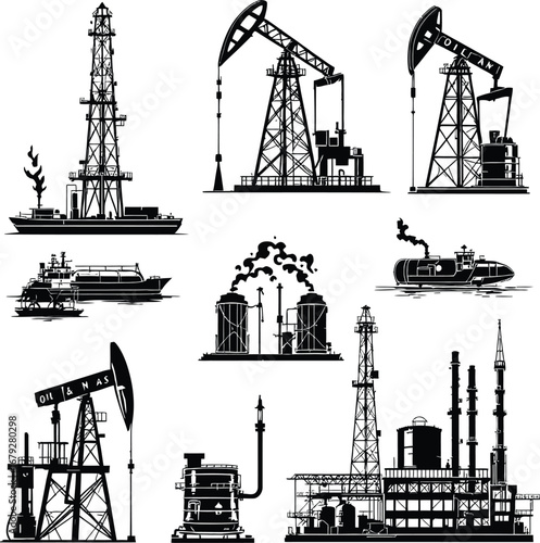 A collection of black and white vector illustrations of oil industry related structures and vehicles