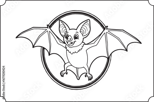 Cute Cartoon Bat Character Outline for Kids Coloring Book Page w