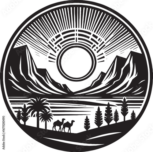 Black and White Desert Landscape with Mountains, Sun, Palm Trees, and Camels in a Circle
