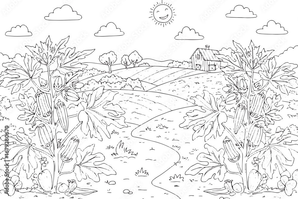 Obraz premium Whimsical Okra Plantation Illustration for Coloring Books and Ed
