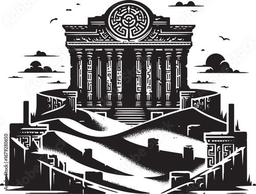 Ancient Architecture Illustration: A Black and White Depiction of a Classical Structure