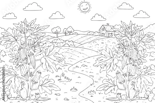 Whimsical Okra Plantation Illustration for Coloring Books and Ed