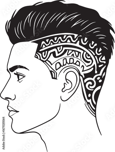 Contemporary male profile with stylish haircut and geometric etc