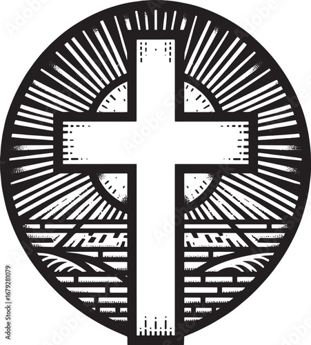 Illustration of a Christian Cross within a Circle Surrounded by a Sunburst Design Element