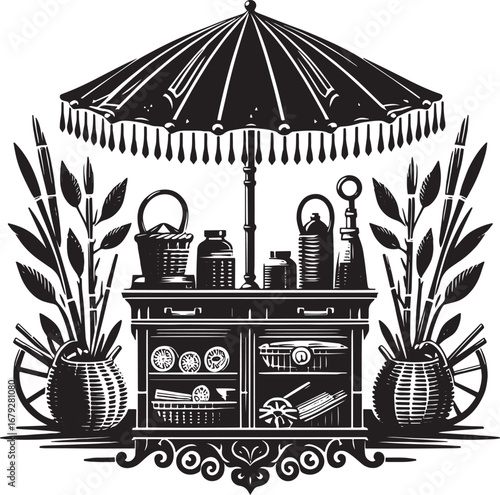 Vintage street vendor cart illustration with umbrella, plants, and various products display