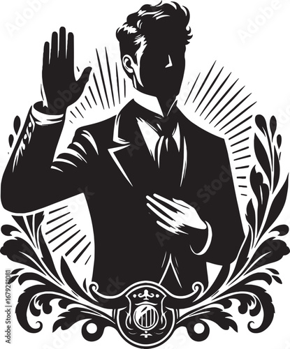 Illustration of a man taking an oath, depicted in a vintage style with intricate floral elements