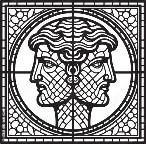 Intricate black and white illustration of a Janus-faced figure within a circular frame design
