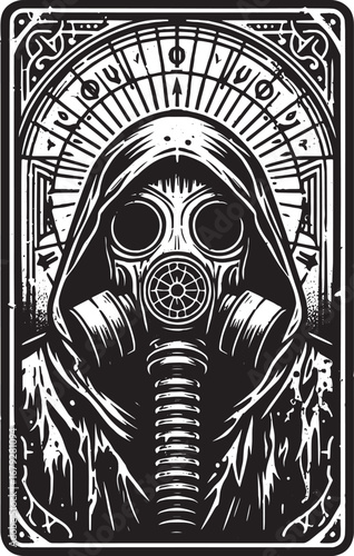 Intricate Black and White Illustration of a Person in a Gas Mask within an Ornamental Frame