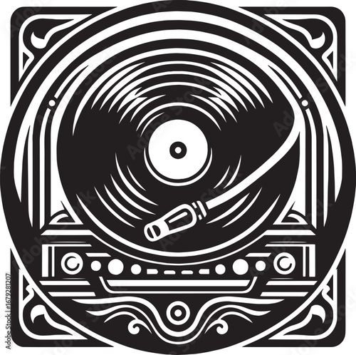 Stylized Black and White Illustration of a Vintage Record Player and Vinyl Disc Design