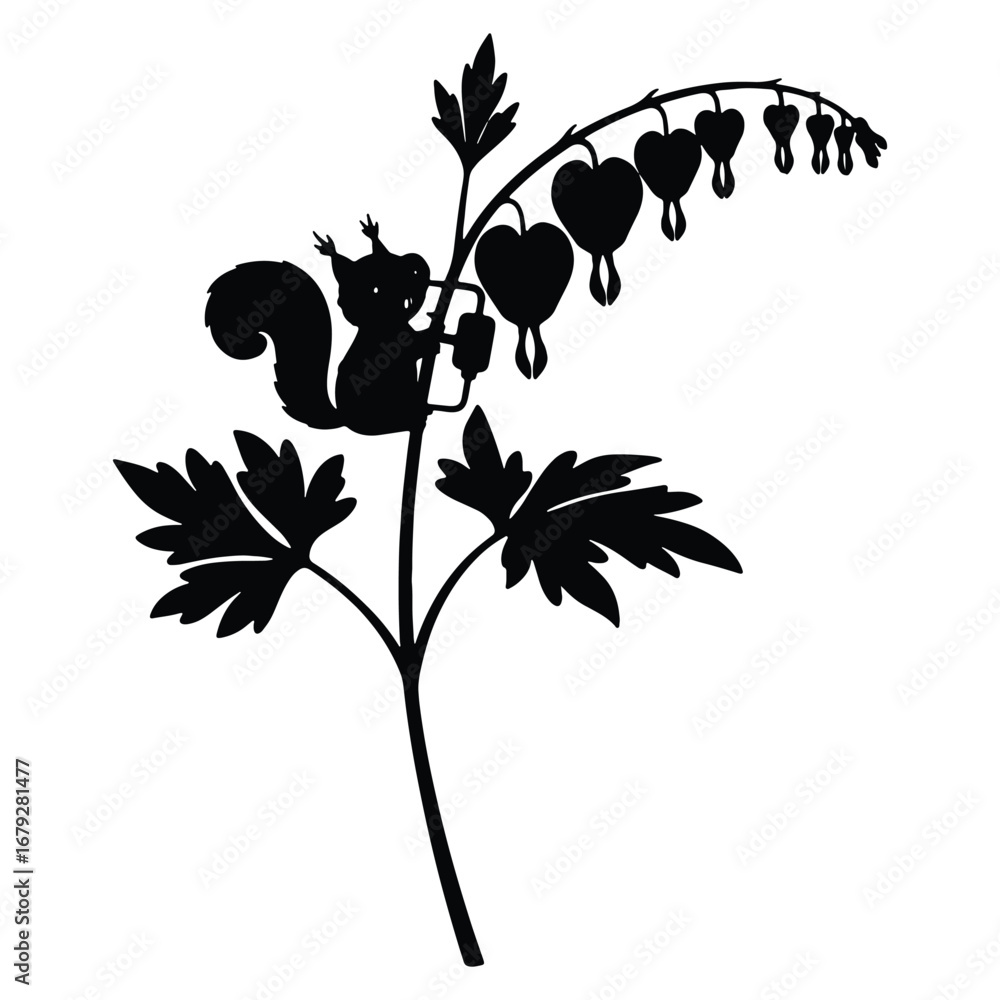 Naklejka premium Silhouette of a Squirrel on a Bleeding Heart Plant Black and White Illustration Decorative Design Element Whimsical Nature Art