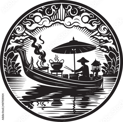 Illustration of a Boat Vendor Preparing and Serving Food on the Water in a Circular Frame