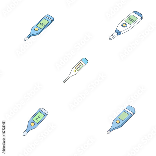 Medical thermometers collage, showing digital and classic mercury temperature measuring devices.