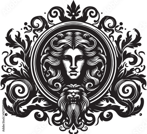 Black and White Illustration of a Jackhammer Surrounded by an Ornamental Floral Design