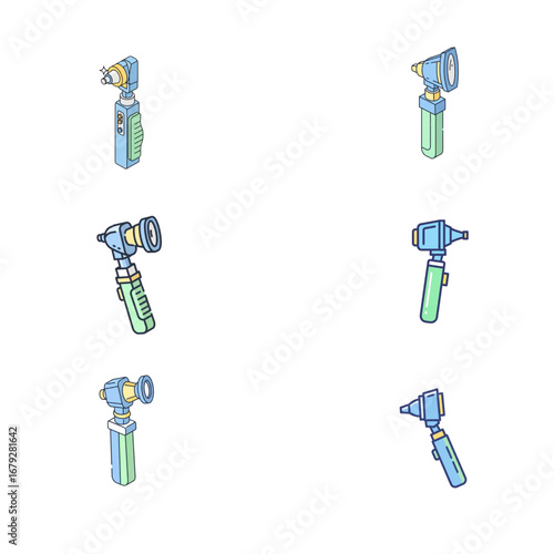 Otoscope collage, medical ear diagnostic instruments for examination.