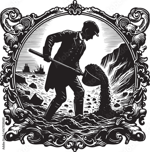 Artwork depicting a man shoveling coal with a decorative frame and vintage aesthetic