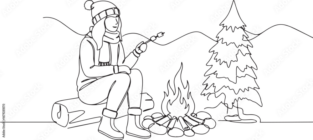 Obraz premium Elegant line art depicts a woman enjoying a fireside marshmallow