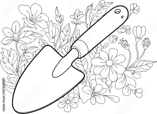 Trowel surrounded by flowers for coloring book and educational m