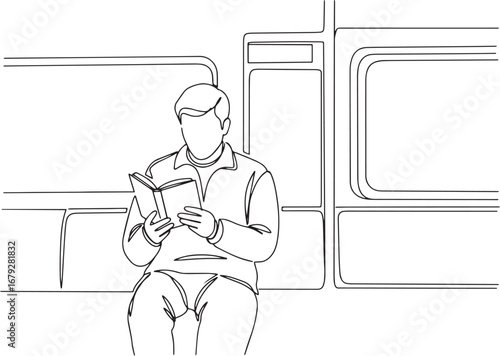 Single line drawing of a man engrossed in a book during his dail