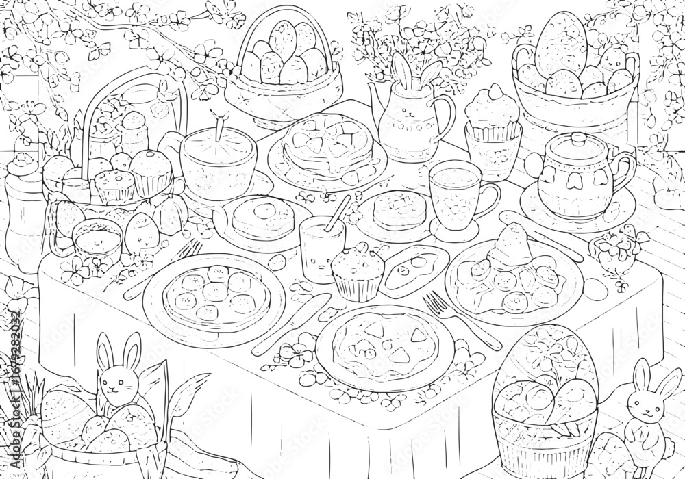 Fototapeta premium Delightful easter brunch coloring page with festive treats and d