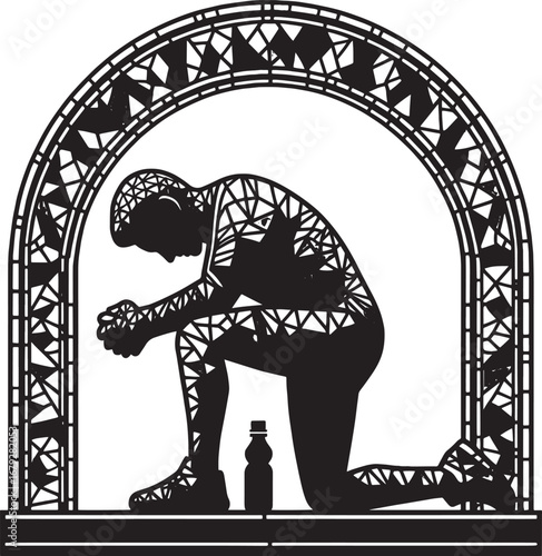 Silhouette of a Kneeling Person in Prayer Under a Decorative Arch, Symbolic Representation