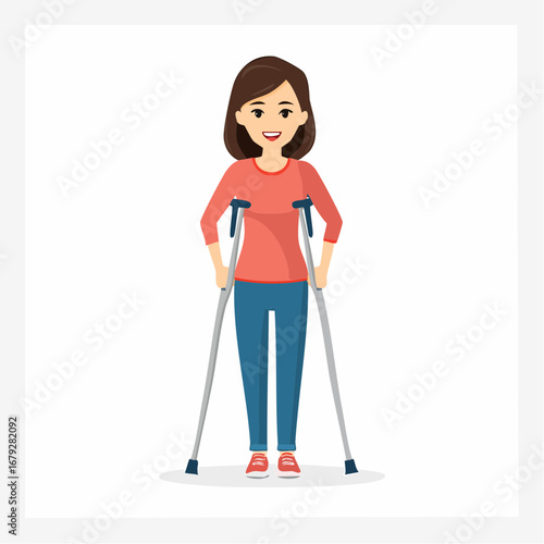 Young woman smiling while standing with crutches, representing injury recovery, rehabilitation, and healthcare support