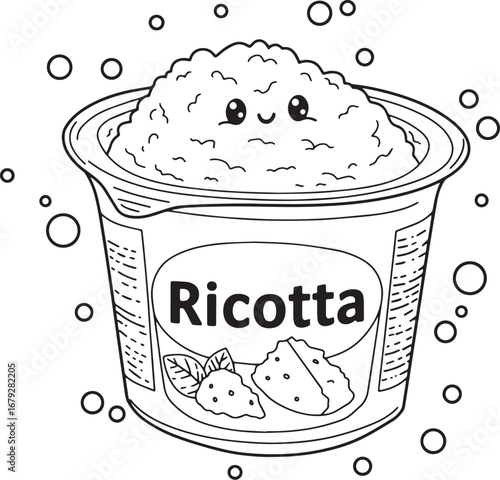 Adorable container of fresh ricotta cheese with a cute kawaii fa