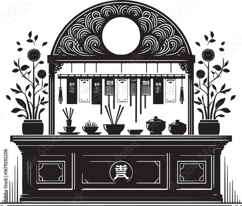 Intricate Black and White Illustration of a Traditional Asian Shrine, Offering, and Decor