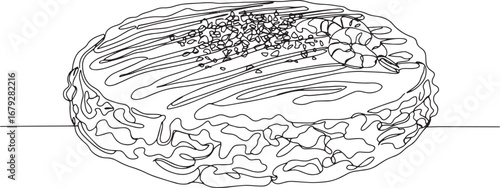 Single line drawing depicting savory okonomiyaki pancake illustr