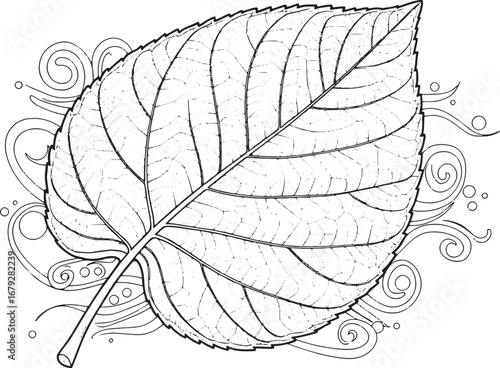 Intricate leaf illustration with decorative swirls creates a cal