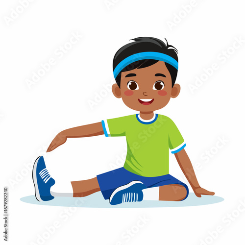 A smiling young boy in sportswear doing a seated hamstring stretch, promoting a healthy and active childhood lifestyle