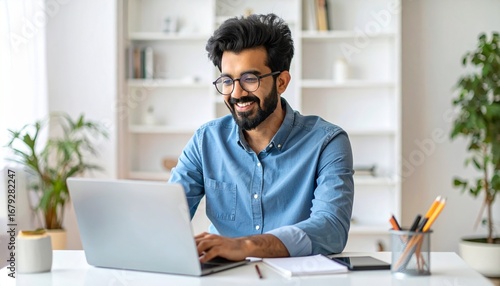 Indian businessman smiling while working on laptop at home office. Remote work concept, professional man using computer, studying online or working from home.