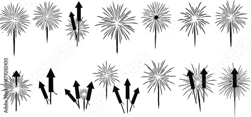 Firework motion sequence, physics diagram, explosion force vectors, projectile trajectory, educational science illustration, pyrotechnics dynamics, upward launch, burst pattern,