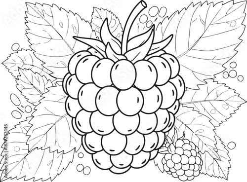 Detailed outline illustration of ripe raspberries and leaves, na