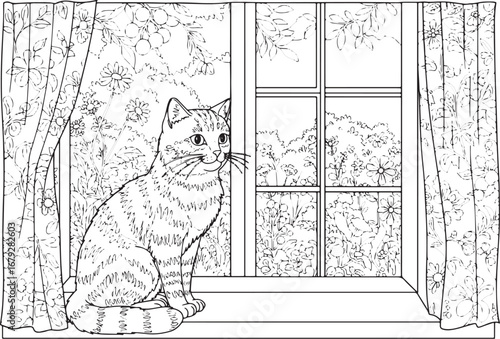 Coloring page featuring a cute cat sitting on a windowsill gazin