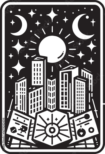 Black and white illustration depicting a city skyline with celestial elements and abstract designs