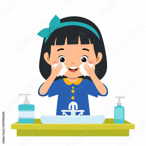 A cheerful young girl with a blue bow demonstrates good personal hygiene, actively washing her face with soap and water at the sink as an important part of her healthy daily routine