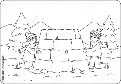 Whimsical winter scene: A couple building an igloo amidst snow a