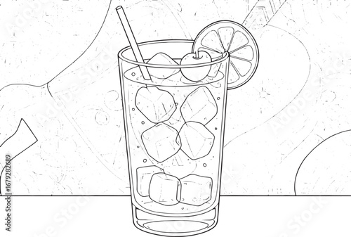 Illustrative Vodka Collins Cocktail against a Botanical Patterne