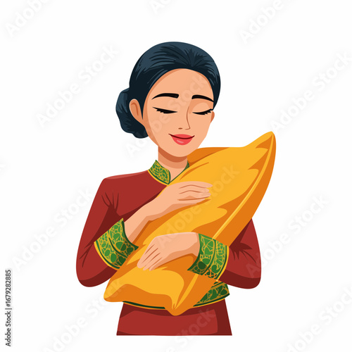Serene illustration of a young Asian woman in traditional attire, peacefully hugging a soft yellow pillow for comfort and relaxation