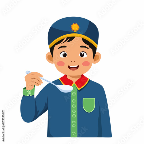 Happy young dark-skinned boy with a joyful smile tasting a spoonful of white powder like sugar or yogurt, isolated vector illustration