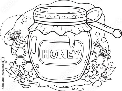 Detailed honey jar illustration with a bee, spoon, and honeycomb