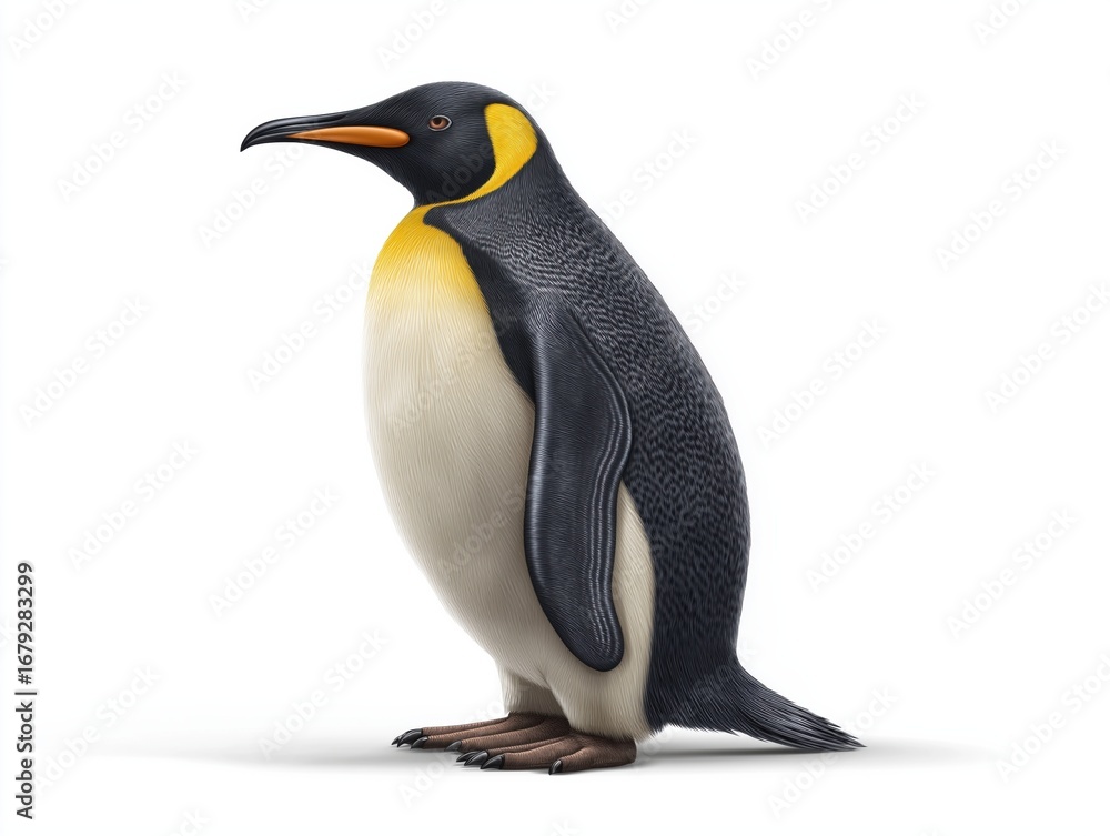 Obraz premium Realistic illustration of a penguin standing upright, showcasing its distinctive black and white feathers, bright orange beak, and vibrant yellow accents, embodying the essence of this beloved bird