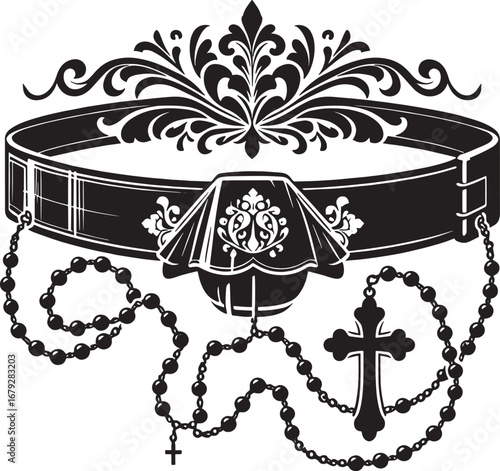 Intricate Vector Illustration of a Gothic Choker with Rosary Beads and Ornate Decorative Elements