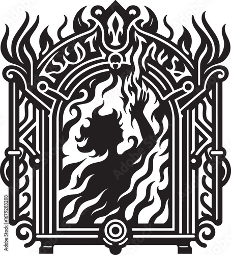 Intricate Silhouette of a Person Embraced by Flames Within an Ornate, Decorative Frame Design