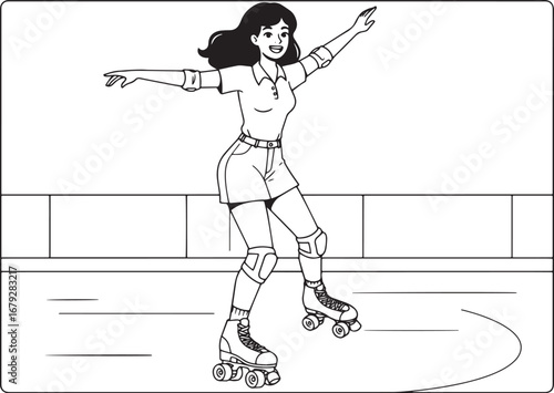 Retro style roller skating adventure: A dynamic outline illustra