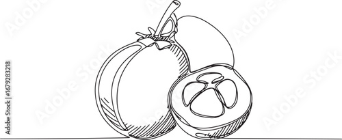 Elegant line drawing of a marang fruit with cross-section detail