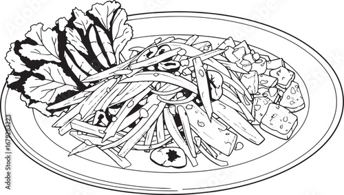 Whimsical illustration of som tum salad with green leaves and to