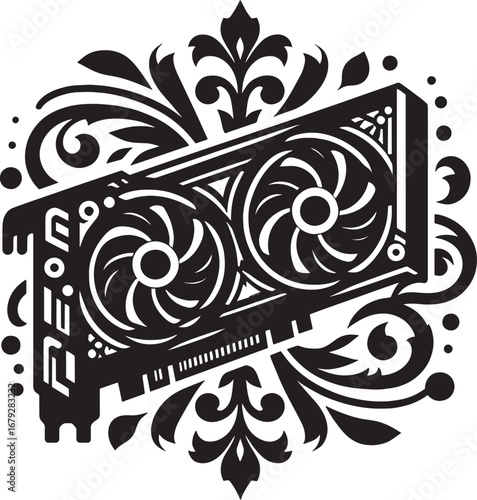 Elegant Vector Illustration of a Graphics Card with Floral Design Elements in Monochrome