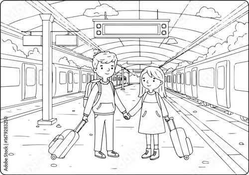 Charming line art of a couple at a train station with luggage in
