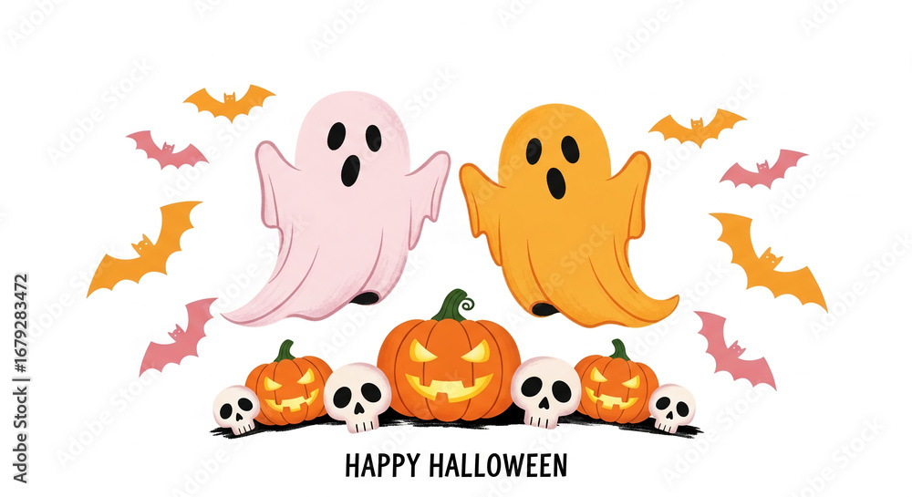 Obraz premium Pink and orange ghosts dance above carved pumpkins and skulls Halloween illustration Free space for text Happy Halloween